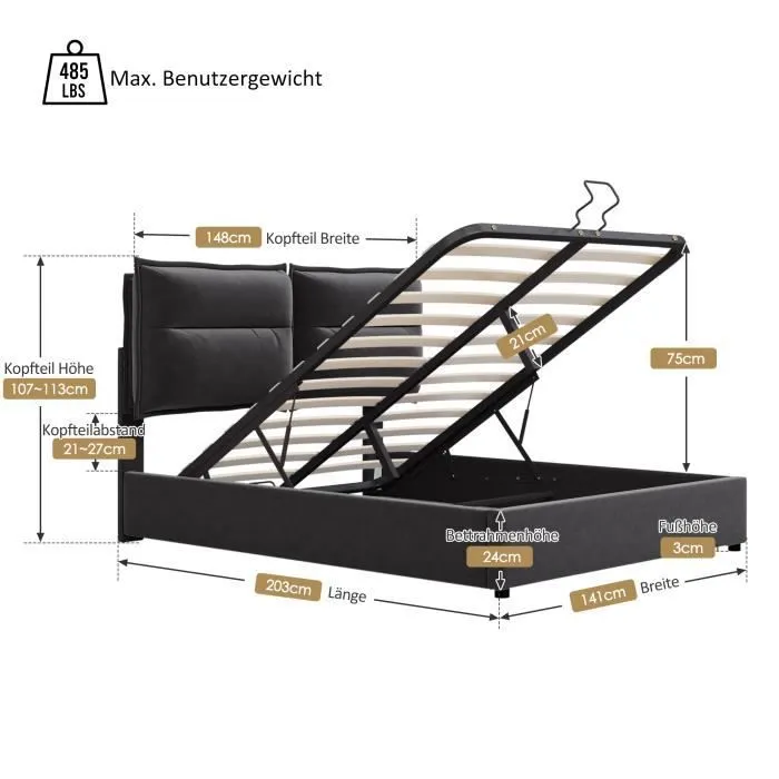 Lit coffre adulte 140x200cm, Lit fonctionnel hydraulique avec tête de lit réglable, sommier à lattes en métal, en velours, nior-2