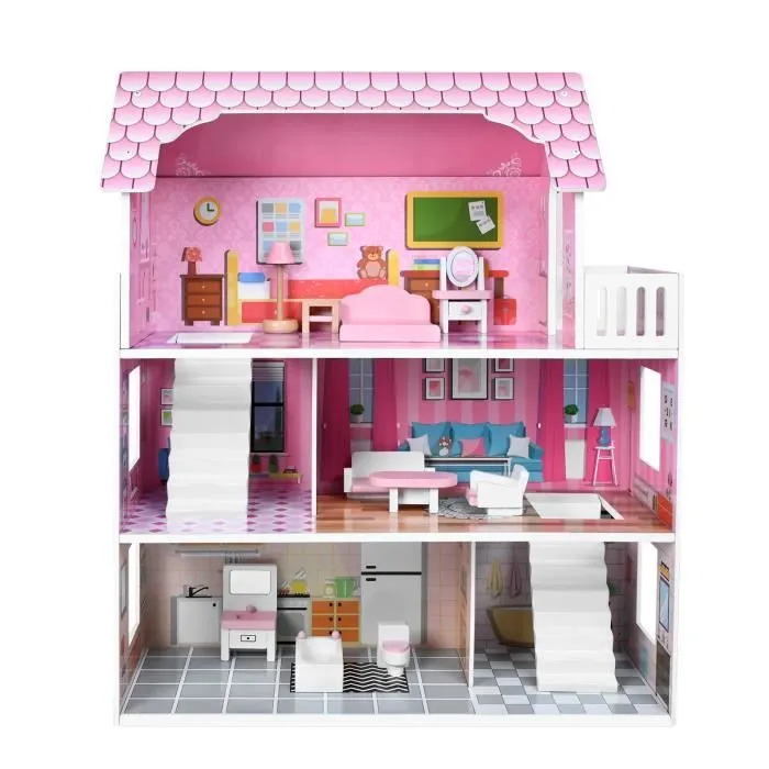 Maison de Poupee - UISEBRT - 60x27x70cm - 3 Étages - Meubles et Accessoires - Multicolore-0
