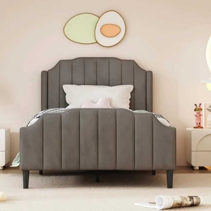 ModernLuxe Lit enfant 90x200cm - lit simple avec sommier à lattes - tissu en velours - gris-2