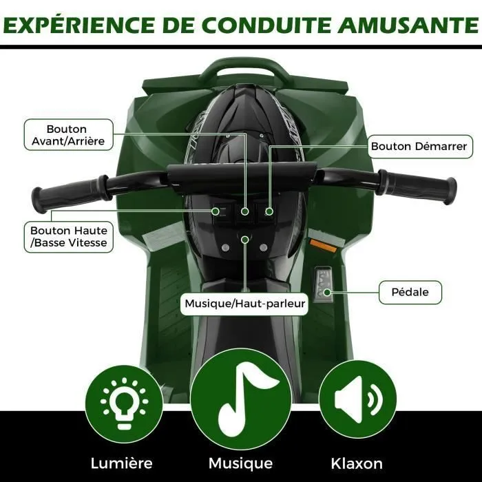 COSTWAY Quad Electrique pour Enfants 12V7Ah, LED, Musique, Klaxon, Roues Larges, pour Enfants 3 à 8 ans, 96 x 58 x 70 cm, Vert-2