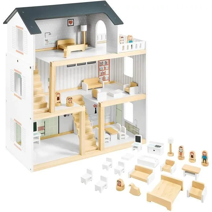 Mamabrum Maison de Poupées en Bois avec Grande Terrasse 4 Figurines, 3 Etages, 2 Chambres, Cuisine, Salon & 19 Pièces Mobiles (CE)-0