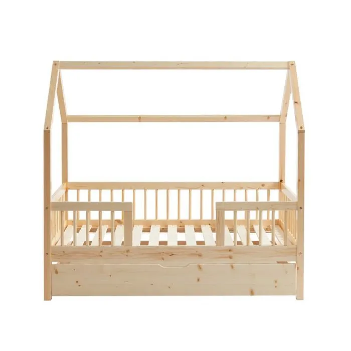 Lit cabane avec barrière et tiroir Safari Beige 70x140 - Laïba Kids-3