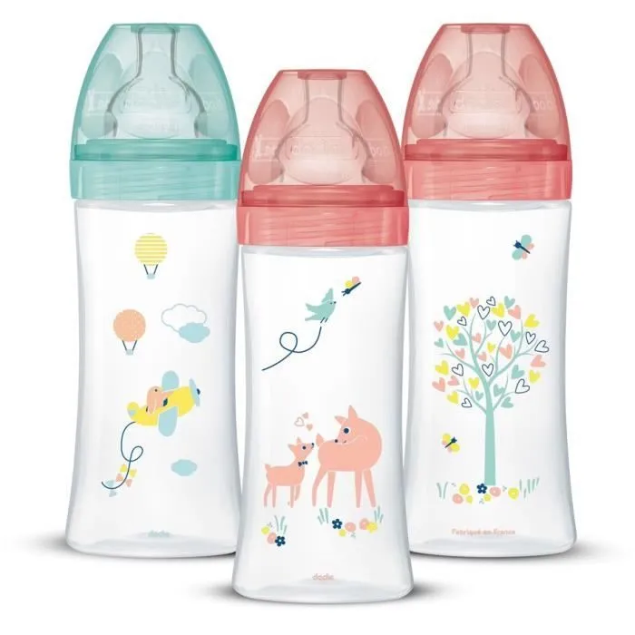 Dodie Lot de 3 Biberons Anti colique Sensation+, Fille, 330 ml, +6 Mois, Tétine Plate, Débit 3-0