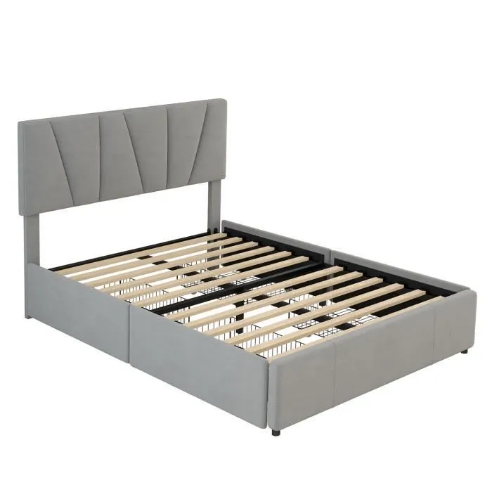 Lit double scandinave 140x200 cm avec 4 tiroirs, Lit capitonné en velours, Tête de lit réglable, Gris-1