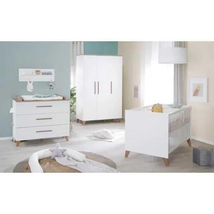 Chambre Bébé Complète ROBA - Ole - Lit Évolutif 70x140 cm + Commode à Langer + Armoire 3 Portes - Blanc - Chêne Foncé-0