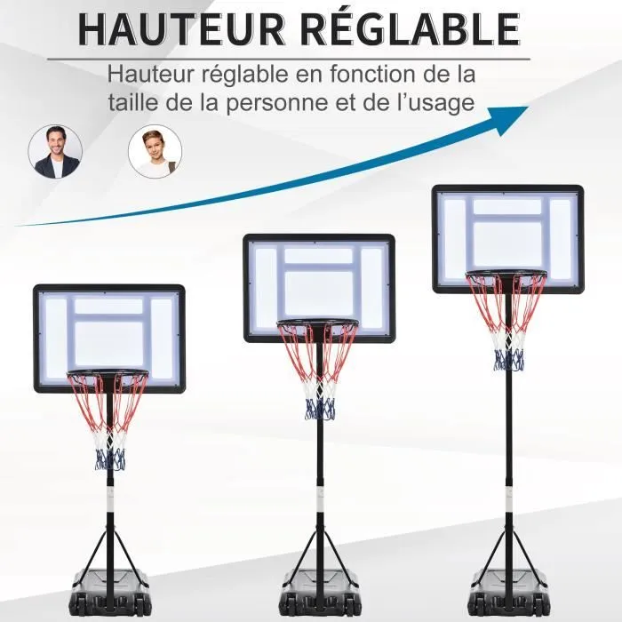 Panier de Basket-Ball sur pied pour bord de piscine poteau panneau base de lestage sur roulettes hauteur arceau réglable 1,1-1,3 m-3