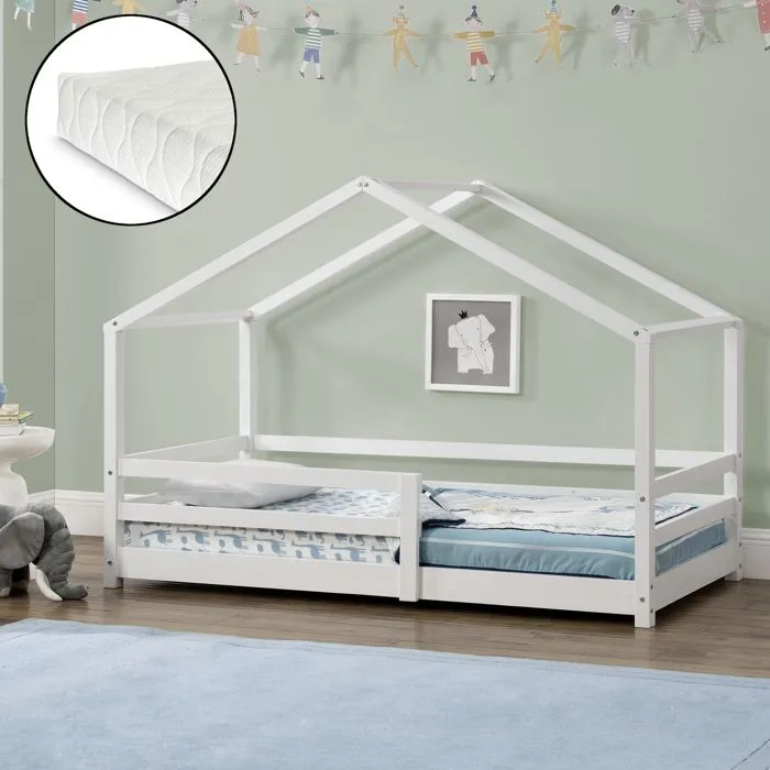 Lit Cabane Knätten avec Grille de Protection et Matelas Mousse à Froid 200 x 90 cm Blanc-0