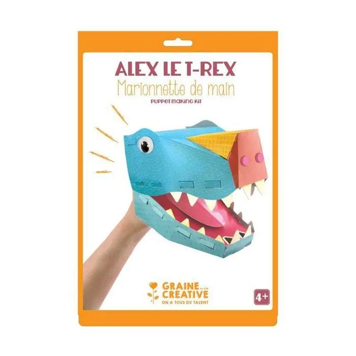 Kit marionnette de main en carton - Dinosaure T-rex - Enfant - Mixte - Bleu-0