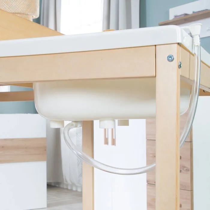 ROBA Table à Langer avec Baignoire Coulissante Baby Pool + Matelas à Langer Imperméable et Étagères en Tissu Blanc - Bois Naturel-5