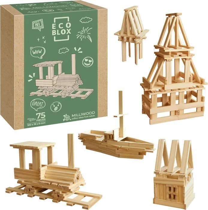 Jeu de construction - Milliwood - 75 éléments - Bois naturel - Jouet éducatif - Mixte-0