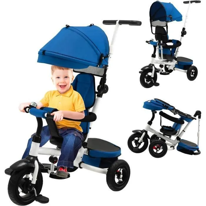 COSTWAY 4 en 1 Tricycle Bébé Évolutif 1-5 ans, Draisienne Vélo Pliable Enfants, Siège Réversible, Panier, Poignée Réglable, Bleu-0