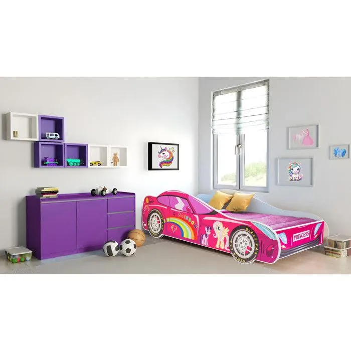 Lit enfant fille voiture licorne rose avec matelas et sommier inclus - 140 cm x 70 cm-2