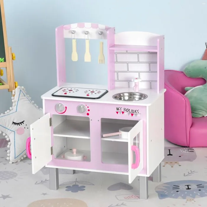 Cuisine bois jeu d'imitation - cuisine rose enfant - nombreux accessoires & rangements inclus - fonction sonore - MDF pin rose-4
