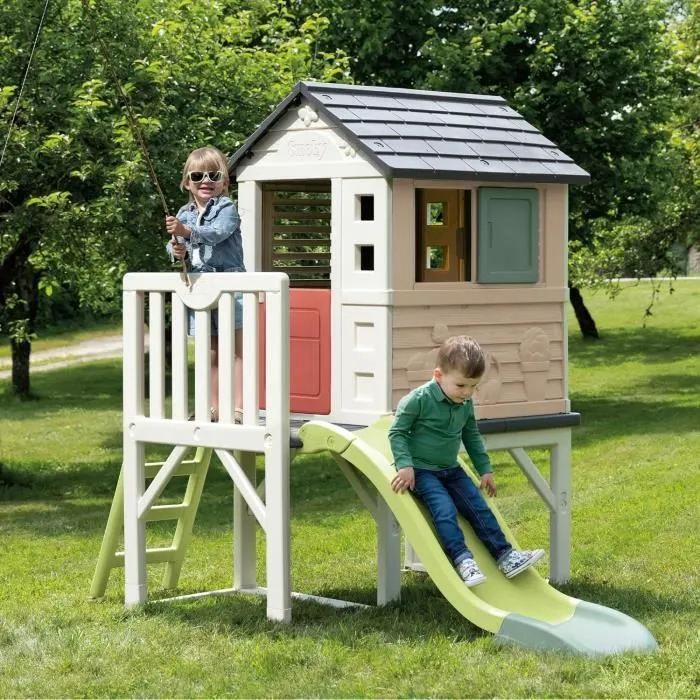 Smoby Life - Maison Pilotis avec toboggan - Nouveau colori - Plateforme 70cm - Anti-UV - Fabriqué en France-1