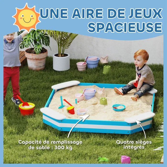 Bac à sable en bois - AIYAPLAY - pour enfants 3-6 ans - 4 sièges - 133 x 133 x 16 cm - bleu-4