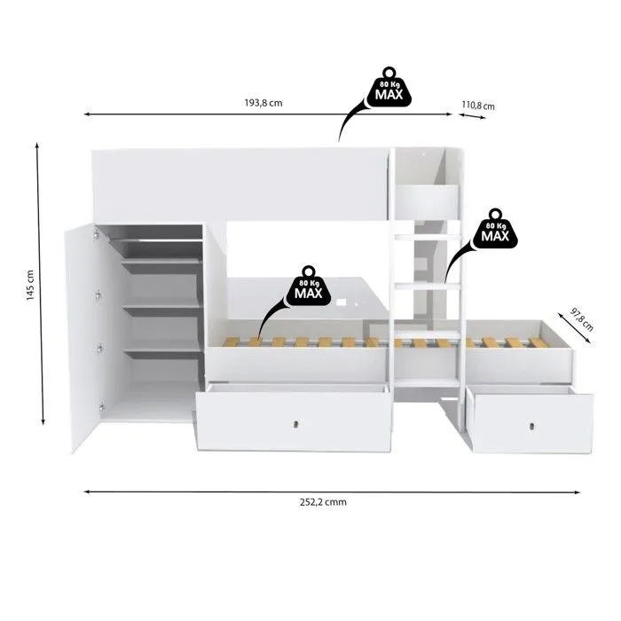 Lit superposé TWIN 90x190 avec armoire et tiroirs + 2 sommiers / Blanc-3