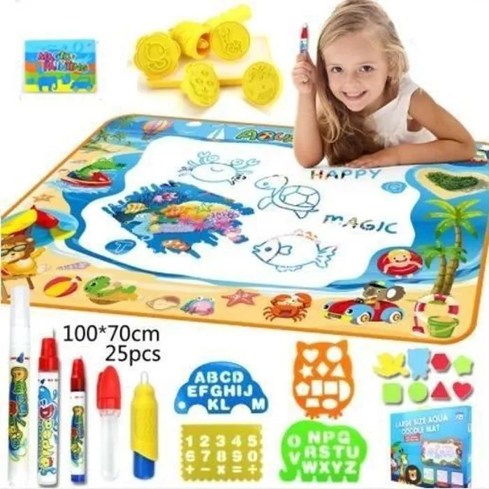 Tapis Doodle Mat Enfant, 100*70 cm Coloré Tapis de Dessin Eau -25pcs,avec Outil de Tampon Rouleau,Jouets éducatifs pour Enfants-0