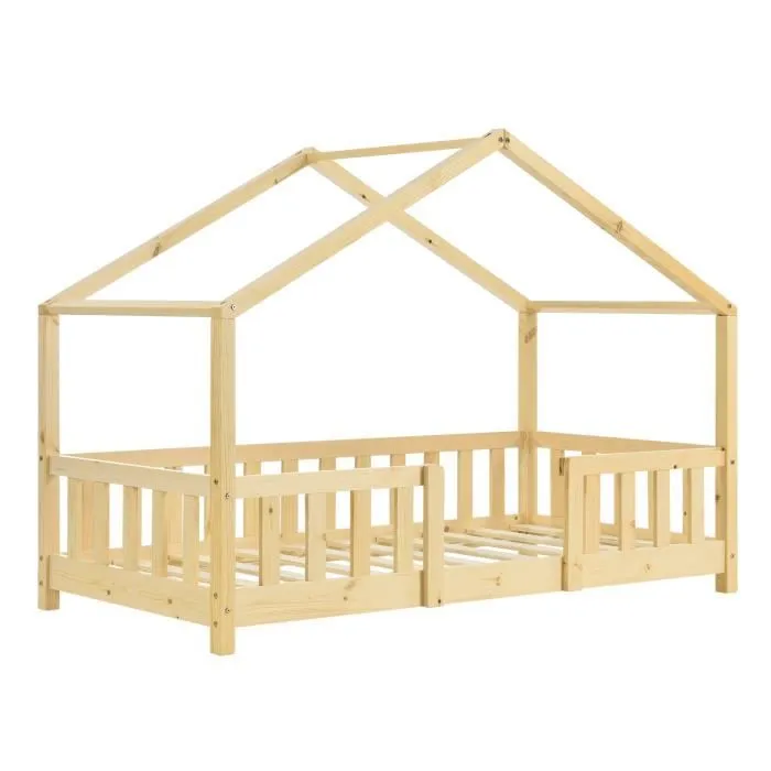 Lit d'Enfant Forme Maison avec Grille de Protection Treviolo 160 x 80 cm Bois Naturel-1