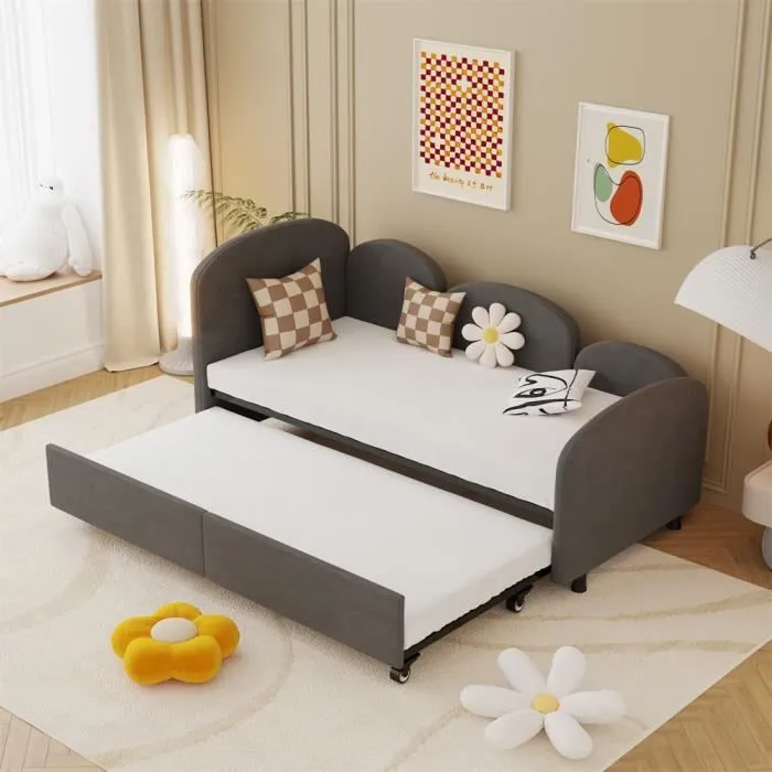 Lit gigogne - Non spécifié - 90x200 cm - Velours gris - 2 paquets - 250KG max-0