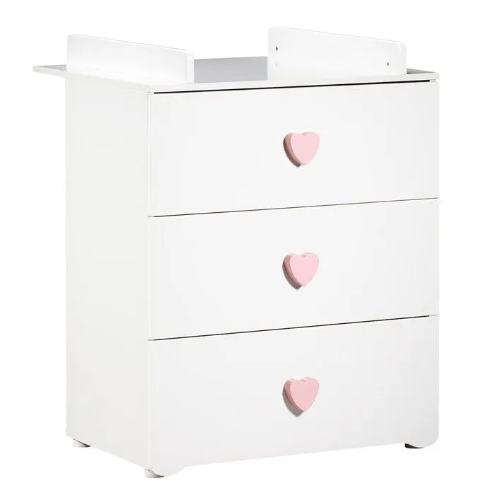 Commode à langer - Babyprice - Basic - 3 tiroirs - En bois - Boutons cœur rose-0