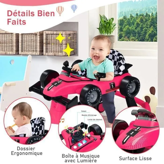 COSTWAY Trotteur Bébé Pliable Musical 4 en 1 Apparence de Voiture Pousseur Hauteur et Vitesse Réglables Lumière Volant Rose Rouge-2