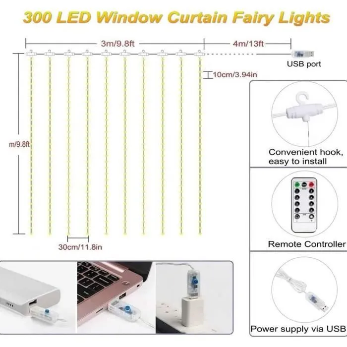Guirlande Lumineuse Rideau - 300 LED - 8 Mode d'éclairage - 3 x 3 m(Multicolore)-2