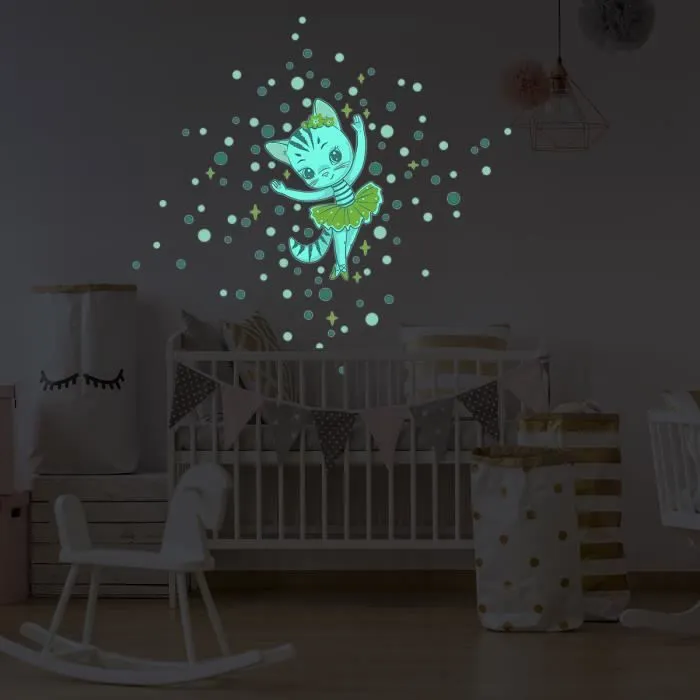 Sticker phosphorescent lumineux - CHAT BALLERINE + 100 RONDS COLORÉS - Autocollant mural plafond enfant fluorescent - 60x40cm-0