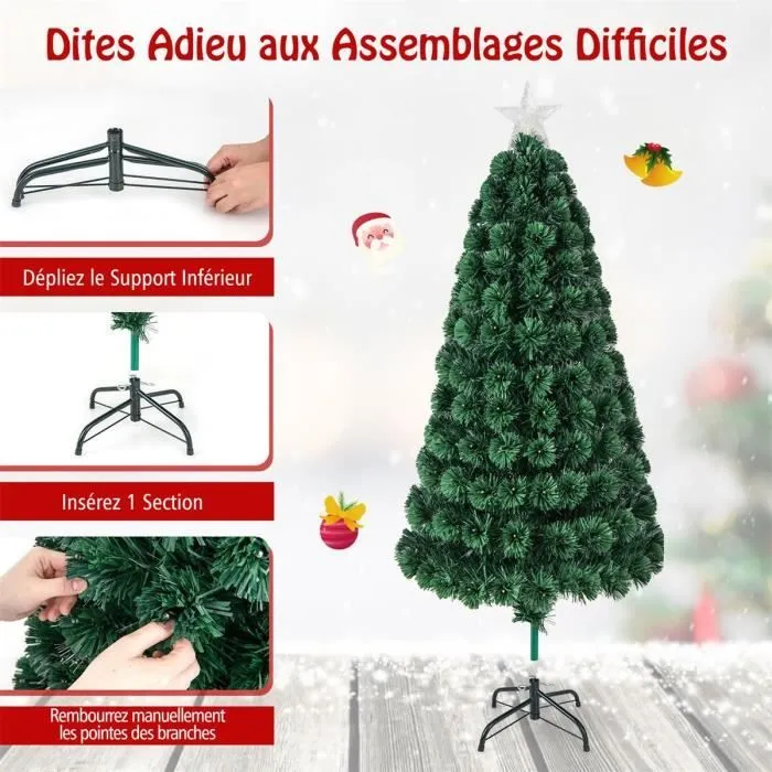 COSTWAY Sapin de Noël Artificiel de 150cm, avec Lumineux 170 LED, 8 Modes d'Éclairage, Étoile Lumineuse au Sommet, Fibres Optiques-3
