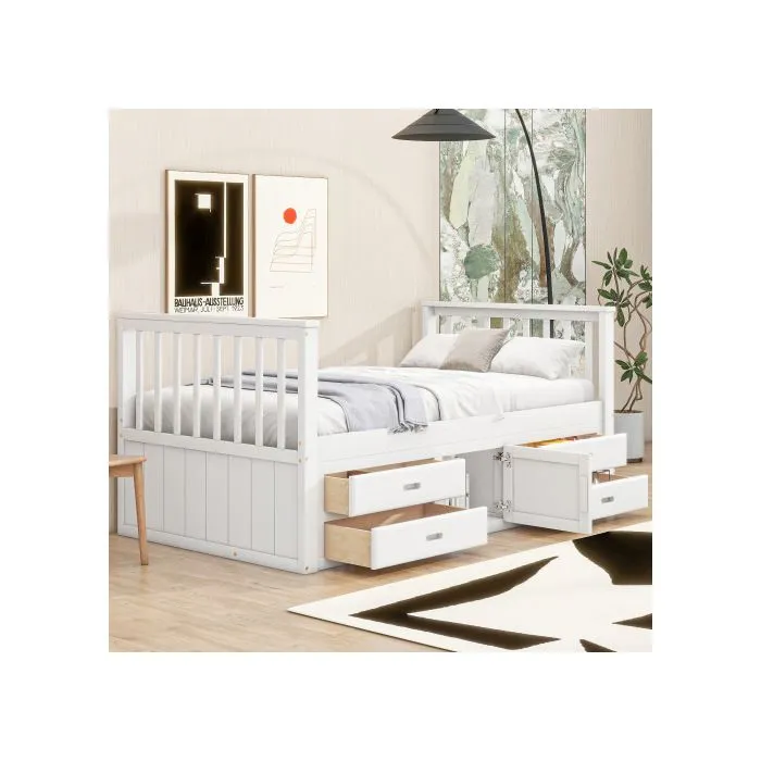 90x200 cm Lit podium, lit d'enfant, lit podium avec 4 tiroirs, avec armoire de rangement, blanc-1