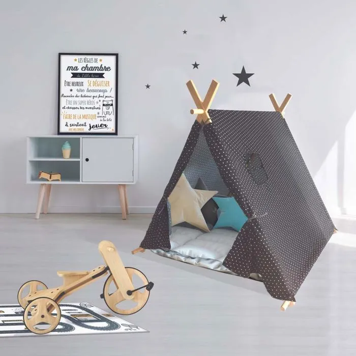 Tente enfant en tissu 105 cm Little world Gris foncé et blanc-1