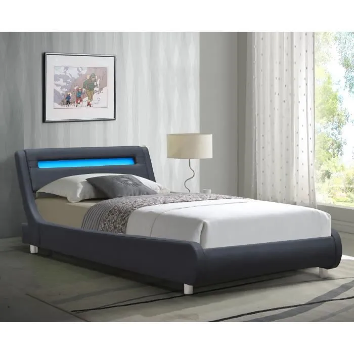 Lit simple en placage MDF pour matelas 120x190 avec sommier lattes et tte de lit incurve NOIR-1