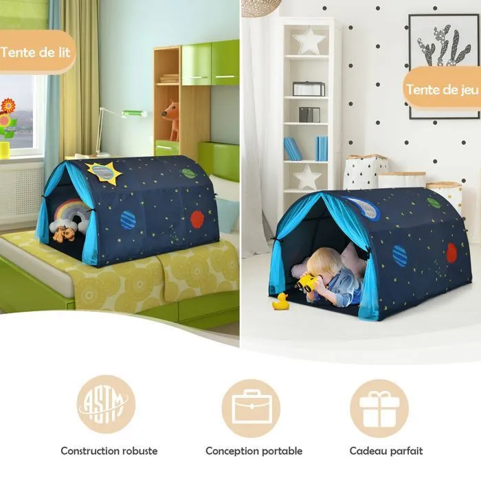 Tente de Jeu Enfants COSTWAY-Tente Tunnel Active-Fenêtre-Rideau à Double Filet-Poche de Stockage-Sac de Transport-144x102x82 CM-Bleu-1