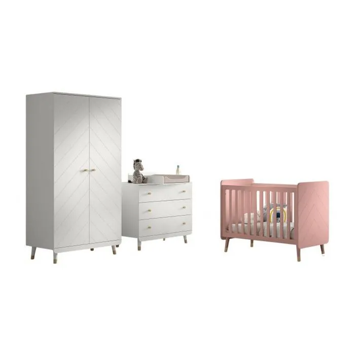 Ensemble Chambre Bébé - Billy - Lit Rose - Commode Blanche - Armoire 2 Portes-0