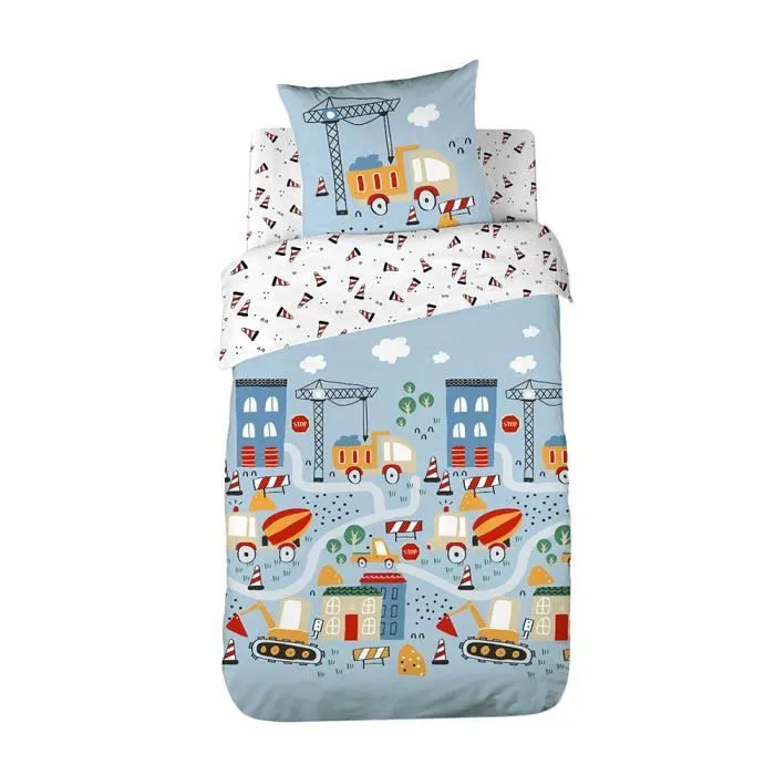 Parure de lit Enfant Réversible Camion et Tracteur Bleu Housse de Couette 140x200cm + 1 taie d'oreiller 63x53cm 100% Coton-0