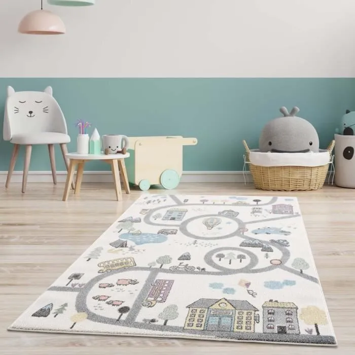 Tapis de jeu pour chambre d'enfant - IMAGINE - Motif Route de l'école - Blanc - 120x160cm-1