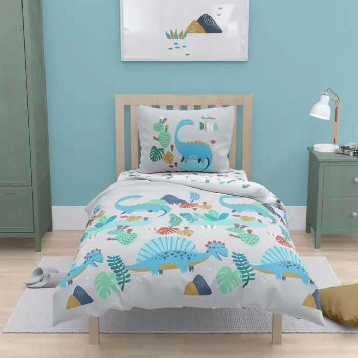 Parure de lit - COTE DECO KIDS - Dinosaure - 100% coton BIO - Housse 140x200 cm - Taie 63x63 cm-1
