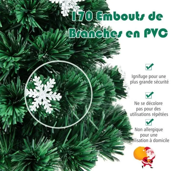 COSTWAY Sapin de Noël Artificiel LED Lumineux 150CM Fibre Optique Couleur Lumière Variable avec Etoile de Cime Décoration de Neige-3
