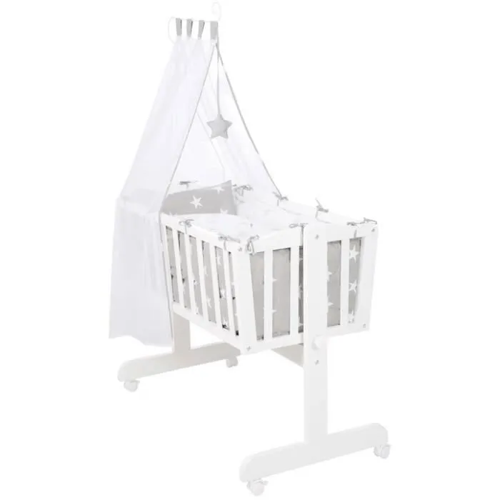 ROBA Berceau Bébé Complet Little Stars à 4 Roues - 40 x 90 cm - avec Equipement Textile - Blanc / Gris-0
