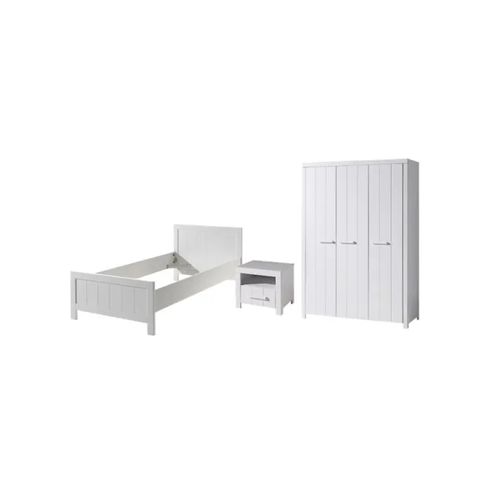Lit simple enfant Vipack ERIK 90x200 cm + chevet en bois + armoire 3 portes blanc-0