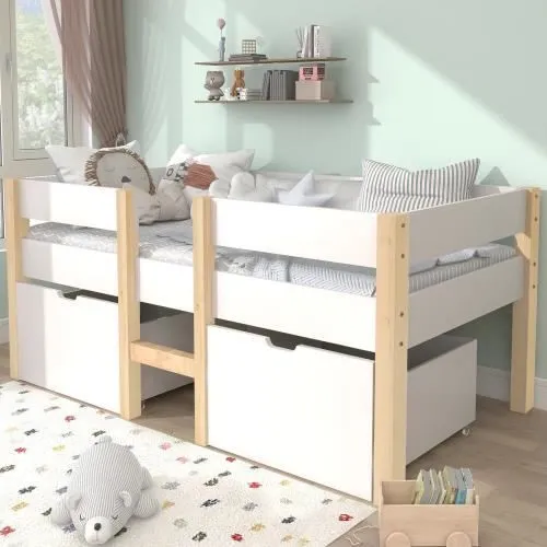 Lit mi-hauteur 90 x 200 cm enfant avec 2 maxi tiroirs - Blanc-Bois - Lit enfant avec sommiers à lattes - MERAX-0