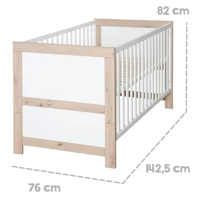 Lit Bébé Évolutif 70 x 140 cm Malo - ROBA - Convertible en Lit Junior - avec Sommier à Hauteur Réglable - Blanc - Chêne-3