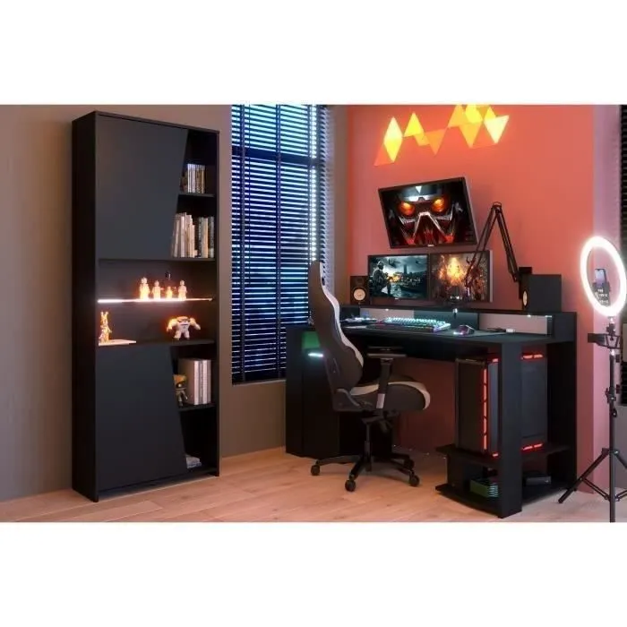 Bureau gaming LED droit - Noir - L 152 x P 61,5 x H 86,7 cm - Grande zone de jeu - GAMING-1