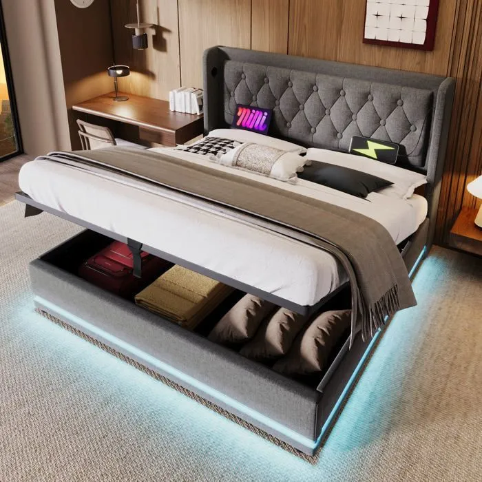 Lit coffre - MARQUE - 140x200 cm - Tissu coton - Ports USB et Type-C - LED multicolore-0