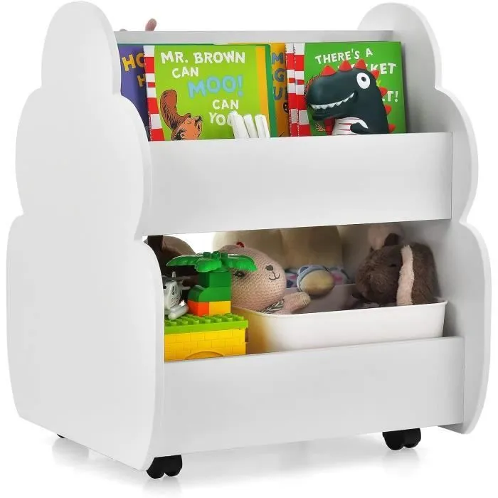 COSTWAY Bibliothèque Enfants à Roulettes 2 Niveaux, 62 x 47 x 63,5 CM, Rangement Pour Jouets Blanc-0