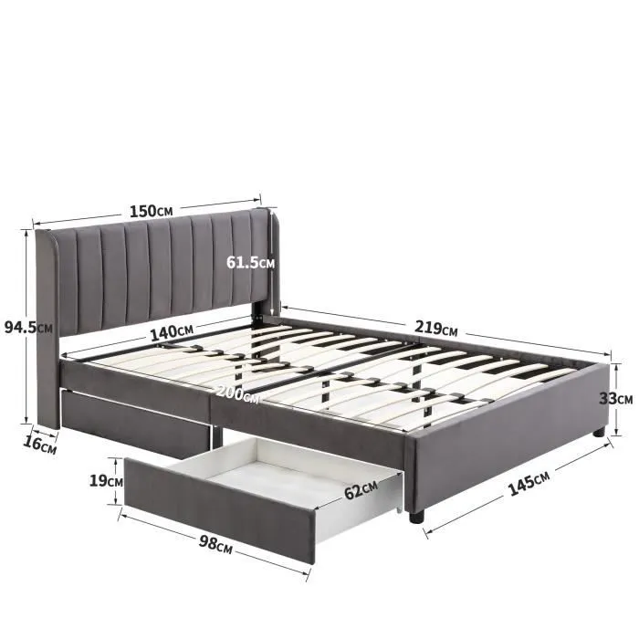 Lit Coffre Adulte 140 x 200 cm - MERAX - Style Scandinave - Avec Tête de Lit et 2 Tiroirs-3