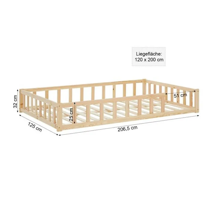 Lit Montessori - HomeStyle4U - 120x200 cm - Bois massif - Barrière de sécurité - Design intemporel-2