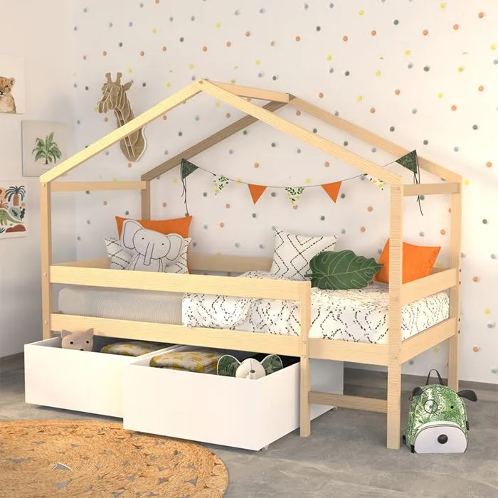 Lit cabane - MIKA - 90x190 - Bois massif - 2 tiroirs - Naturel & blanc-0