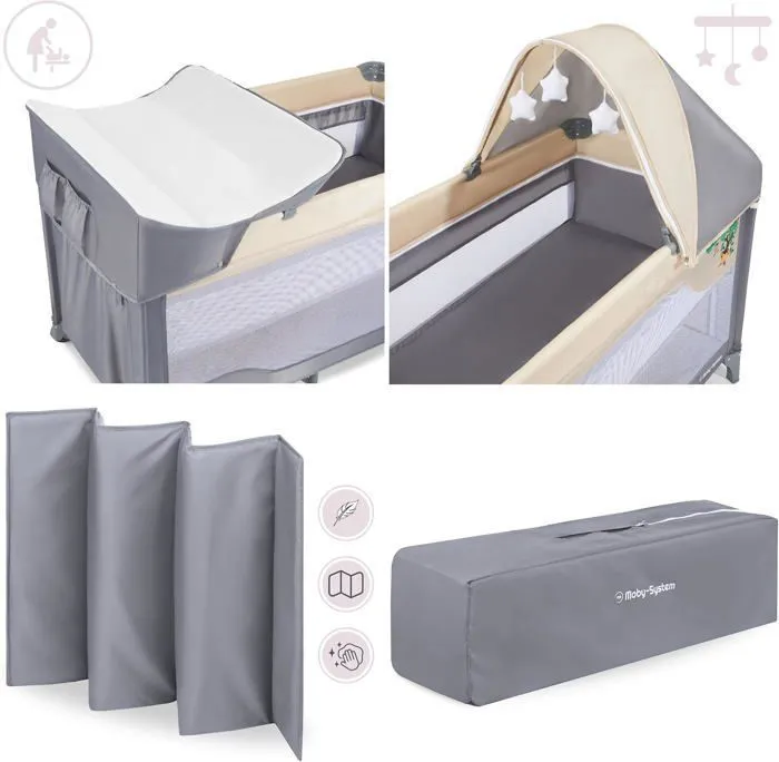 Moby-System Lit Parapluie Pliable & Parc Bébé 2EN1 | 2 Niveaux Matelas Haut Bas Jusqu'à 25 kg| Moustiquaire Sac Transport| CE-3