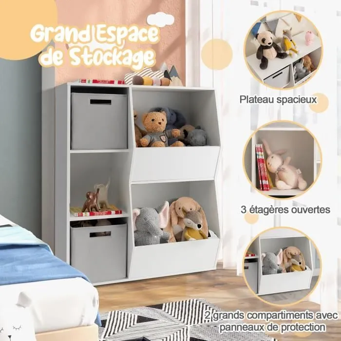 COSTWAY Bibliothèque pour Enfants à 5 Compartiments-2 Bacs en Tissu, 3 Étagère de Rangement Ouverts pour Jouets, 77 x 33 x 93,5 cm-2