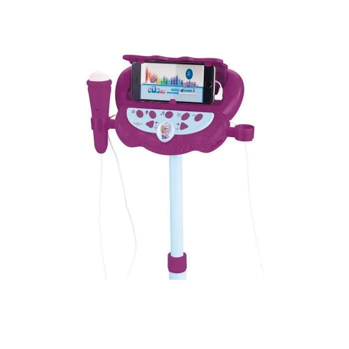 Microphone La Reine des Neiges sur pied ajustable lumineux avec enceinte, 2 Micros et Effets vocaux, Enceinte Bluetooth-5